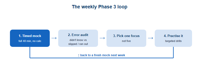 A weekly Phase 3 loop: sit a timed mock paper, then run an error audit sorting mistakes into did-not-know versus slipped or ran out of time, then choose one focus, then practise it, then return to a fresh mock