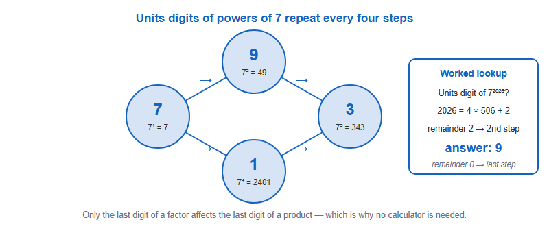 Cycle wheel showing the units digits of powers of seven repeating as 7, 9, 3, 1 with a worked lookup for the exponent 2026