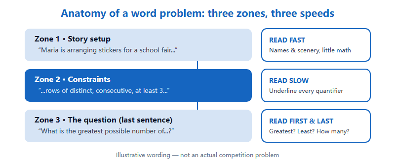 Diagram of a word problem split into three zones: story setup which deserves a skim, constraints which deserve slow careful reading and underlining, and the final question sentence which should be read first and reread last